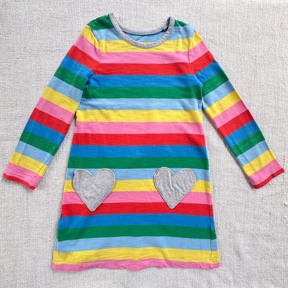 Mini Boden Rainbow Stripe Heart Pocket Dress GUC 8/9